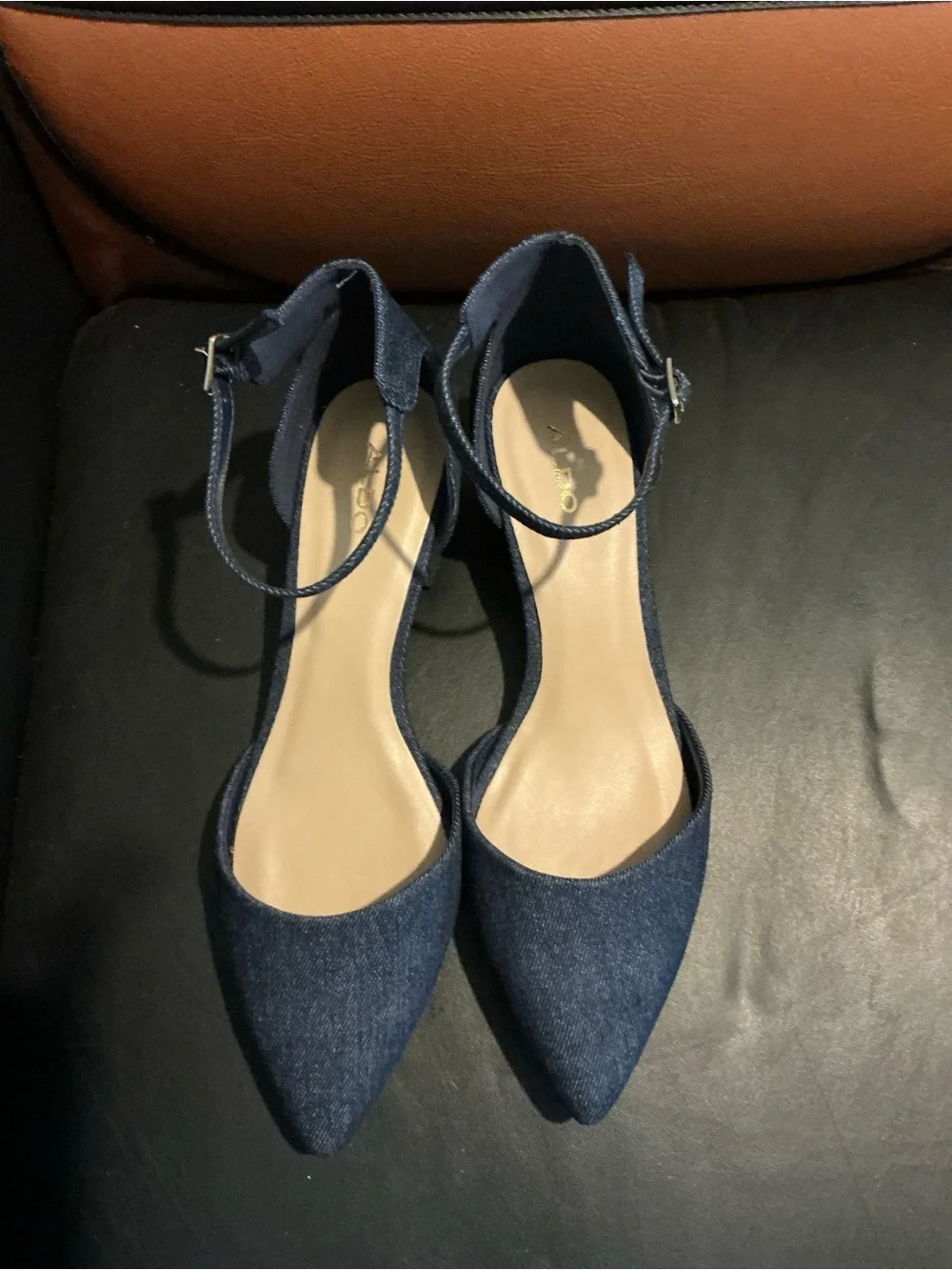ALDO Navy Denim Pointed-Toe Ankle-Strap Heels